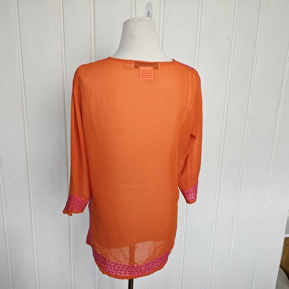 Gretchen Scott XS Orange Pink Sheer Oversized Embroidered BohoTunic Top - Picture 13 of 14